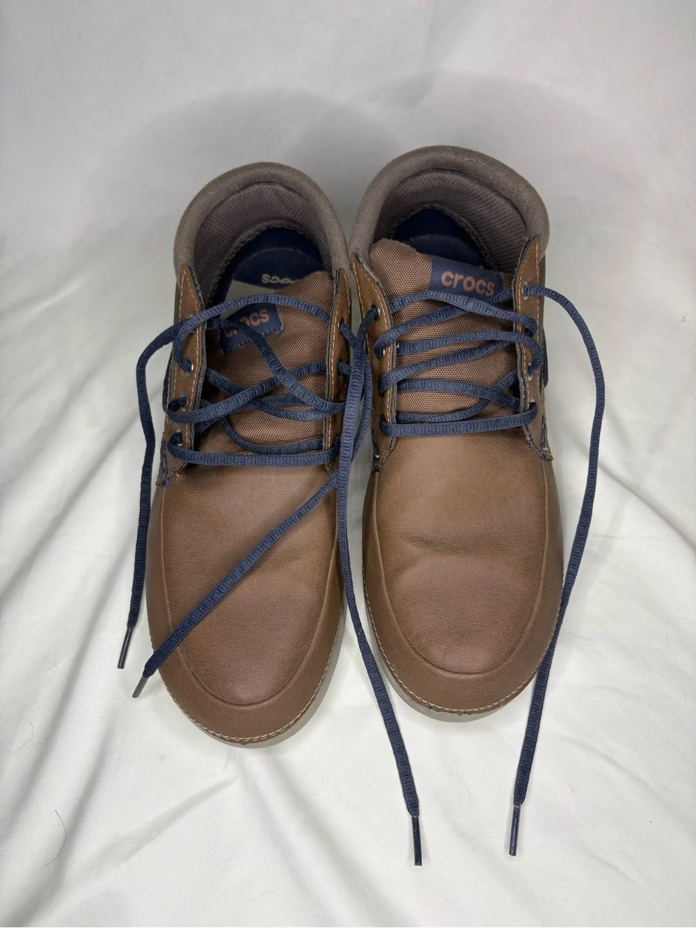 CROCS Men’s Brown Boat Chukka Shoes with Navy Laces Waterproof Size 10